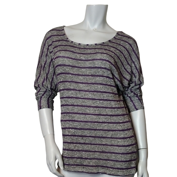 Magic Fit Top Womens Medium Purple Silver Striped Long Sleeve Stretch - Picture 1 of 10